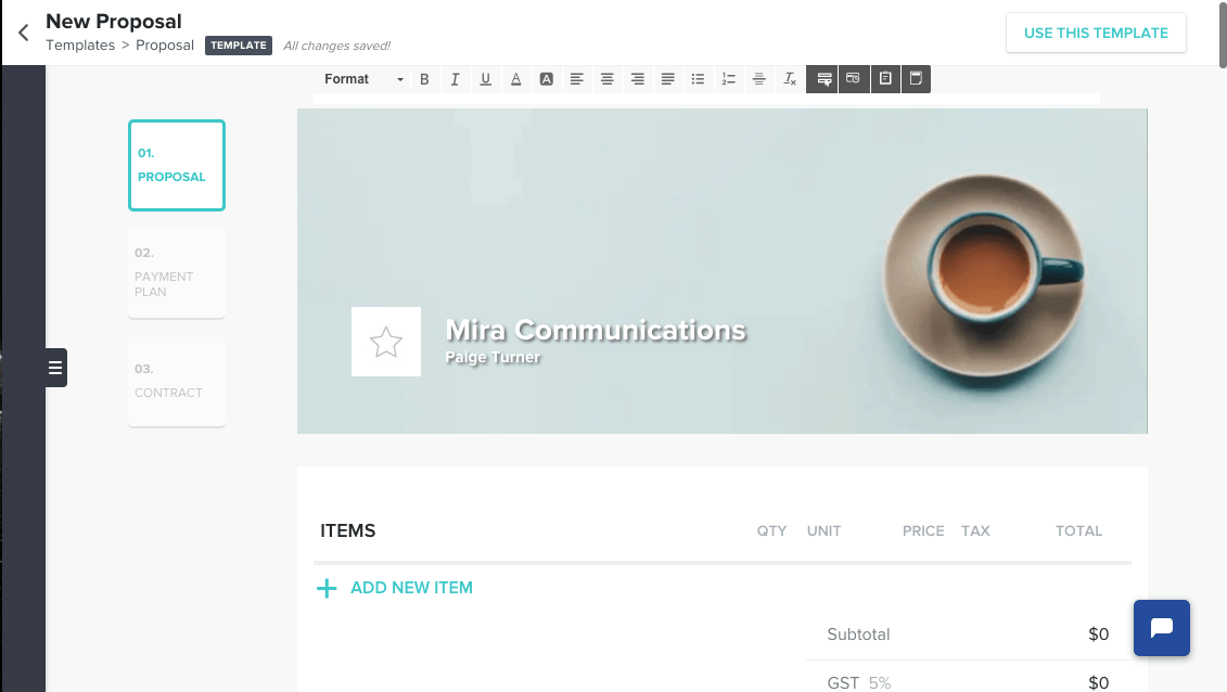 HoneyBook’s standard proposal template and editor