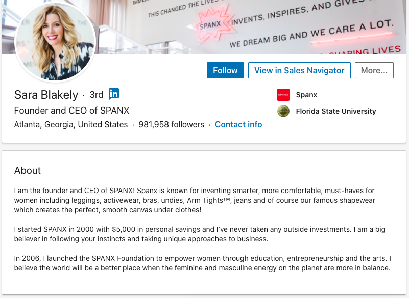 sara blakely linkedin about summary