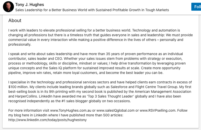 tony hughes linkedin about summary